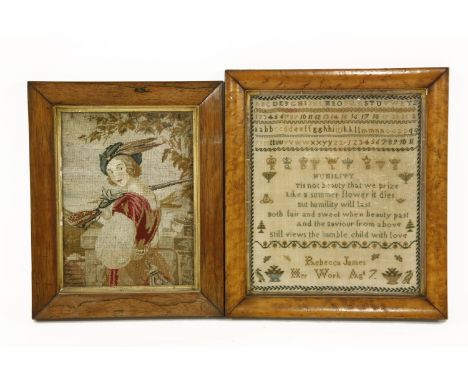 A sampler by Rebecca James, in a maple frame, and an embroidered picture of a young man dressed for hunting in a rosewood fra