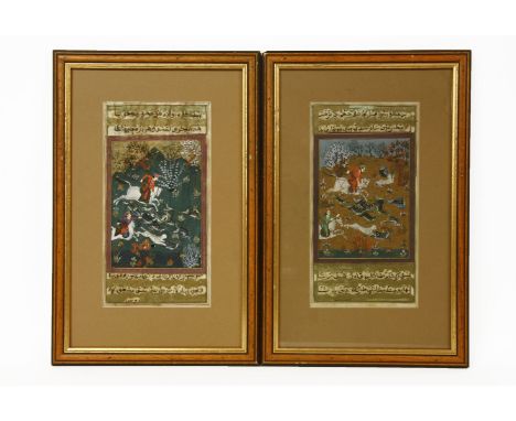 A pair of Northern Indian 'Moghul' paintings depicting hunting scenes, 29 x 15cm