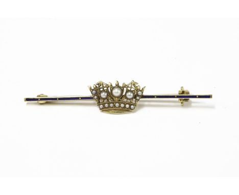 A Victorian gold naval crown bar brooch, set with pearl to crown, blue enamel to bar marked 15ct2.87g