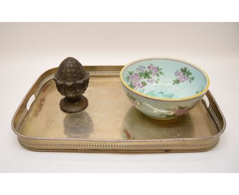 A silver plated twin handled tray, together with a pair of mahogany cased scales, an Adams ceramic bowl and a cast metal fini