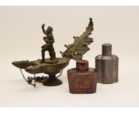 A 19th century bronzed hanging lamp in Roman style, with two fonts, figural lid and leaf, 27cm high, together with two tea ca
