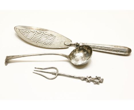 A George III Silver fish slice, with pierced blade, together with a white metal pickle fork with lattice handle and a white m