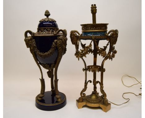 Gilt metal Neo Classical design table lamp, with rams head decoration, of urn form, 57.5cm high, and a similar blue Royal por