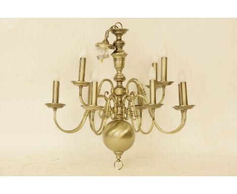 A contemporary brushed brass twelve light Dutch style electrolier, 85cm tall