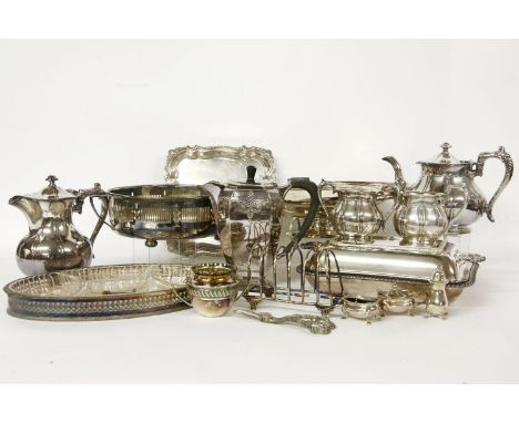 A quantity of silver plated items, to include: a four piece tea service, a toast rack, and a three piece condiment set