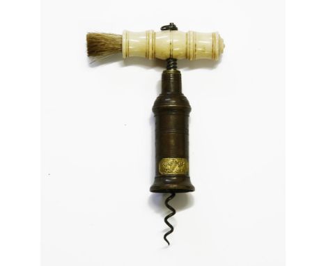 A Thomason type brass barrel corkscrew, double thread, turned ivory handle, with 'Patent' label, 18cm long closed