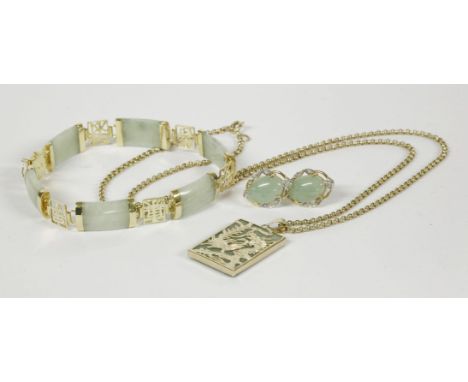 A 14ct gold jade panel bracelet with Chinese character links, a pair of 14ct gold jade cabochon earrings with diamond border,