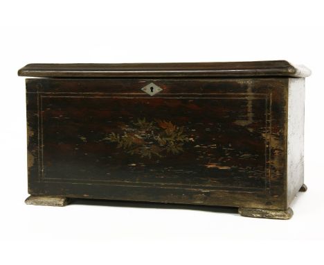 A bells in sight musical box, playing eight airs, with three bells and a drum, 43cm wide, cylinder 15cm