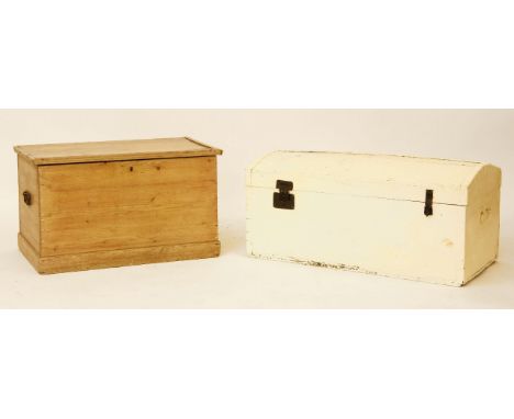 A painted pine dome topped trunk and contents, together with a pine blanket box, and an upholstered nursing chair (3)