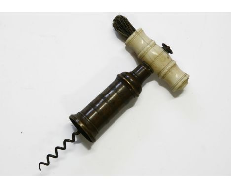 A Thomason type brass barrel corkscrew, double thread, turned ivory handle, 19cm long closed