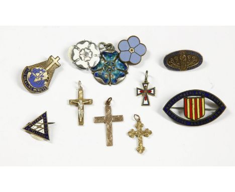 A collection of gilt metal enamel badges, to include a a Pontin's Brean Sands, The Royal School of Church Music, 30 years of 