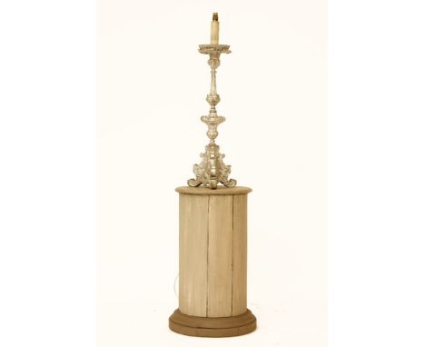 Painted and limed cylindrical pedestal and pricket stick lamp