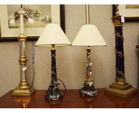 Gilt metal and blue porcelain Corinthian column table lamp