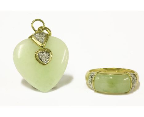 A 9ct gold jade cabochon and diamond ring, together with a 9ct white and yellow gold jade heart shaped pendant, with diamond 