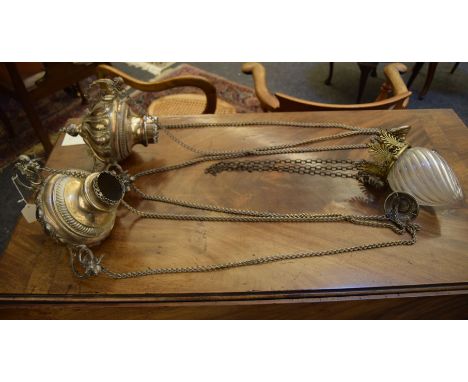 A pair of silver plated sanctuary hanging lanterns, of globular form, 92cm high, together with a small teardrop form hanging 