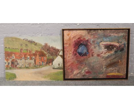 A framed mid century abstract oil, along with an oil on board landscape street scene signed Benois.  