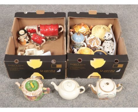 Two boxes of miscellaneous ceramic teapots, included J&amp;T Meakin teapot, Falconware "Wishing well" teapot and Tony Wood sm