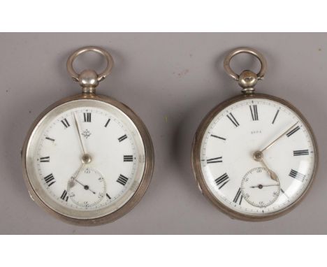 Two silver pocket watches, one assayed Birmingham 1922 by Dennison Watch Case Co along with an assayed London 1928 example.  