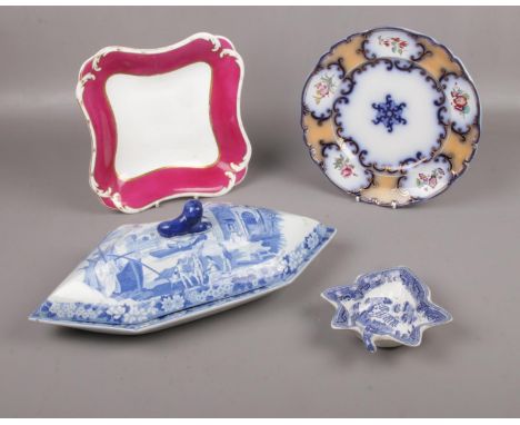 A group of 19th century ceramics. Blue &amp; White pickle dish, Rockingham square dish, Don pottery supper dish and cover and