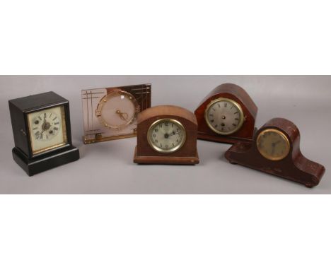 Five small mantel clocks to include Kienzel, glass, American alarm clock etc.  