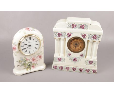Two ceramic German made mantel clocks, to include, an "Emperor" ceramic clock with Quartz mechanism  etc.  