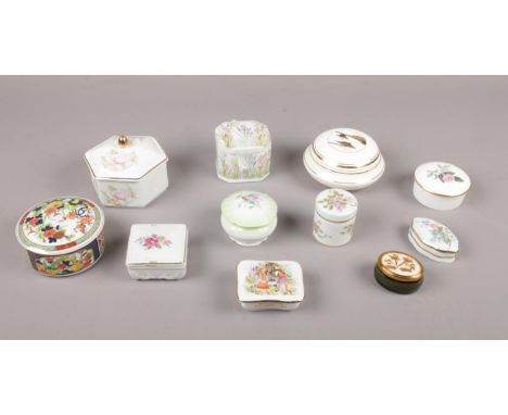 A collection of mainly bone china trinket boxes to include, Wedgewood Hathaway Rose and Limoges as examples.  