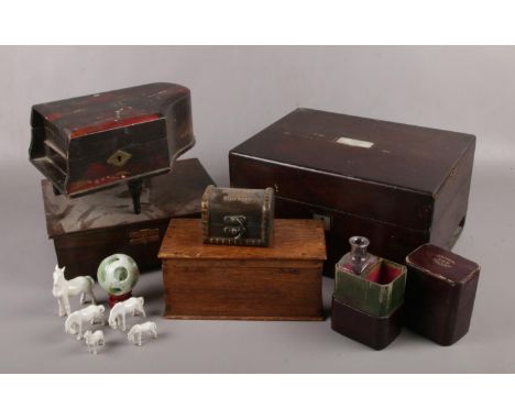 A group of collectables, to include wooden boxes, puzzle ball, ceramic horses etc.  