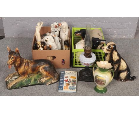 Two boxes of miscellaneous to include large plaster cast figure of a dog, mantel dogs, small quantity of costume jewellery, p