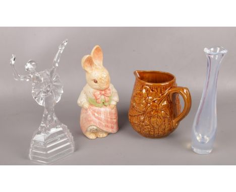 Four pieces of ceramics and glass to include glass figure of a Ballerina, Orrefors glass art vase style of Sven Palmqvist, ce