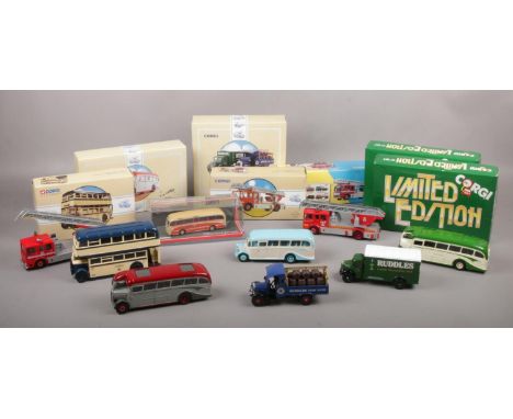 A collection of Corgi boxed die cast vehicles, Daimler Utility 97827, The Ruddles Truck 97752, AEC Ladder Dublin 97353 exampl