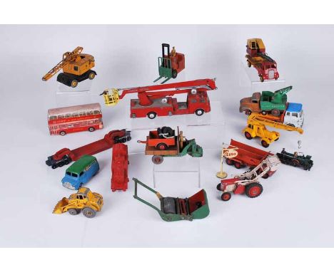 A collection of vintage, play worn, die-cast model vehicles including Dinky Motor Cart, Dink Coventry Climax Fork-lift Truck,