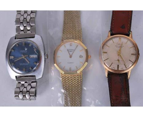A Cronel divers style manual wind wristwatch, together with a rotary gold coloured watch and an Oris example (3)