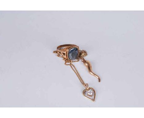 A 9ct haematite cameo ring, size R, together with a CZ mounted heart shaped pendant on 9ct fine link chain, and another 9 ct 