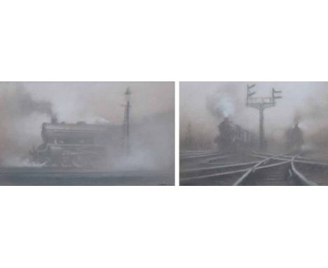 Martin Dobson (1947-),   "Engine at Rest" and "Railway Scene", each signed and titled on verso, pastels, 14 x 24cm.; 5.5 x 9.