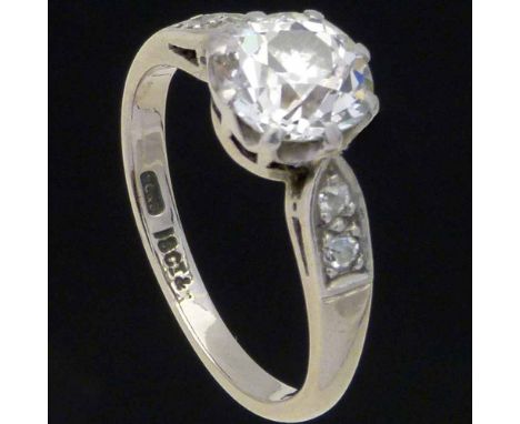 18ct white gold diamond ring, the central old European cut stone ≈1.60ct, on single cut shoulders, ring size J, gross weight 