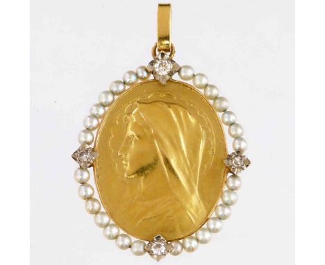 Unmarked gold oval portrait pendant of the Madonna, within a pearl and diamond frame, length 30 x 24mm, gross weight 6.0g.