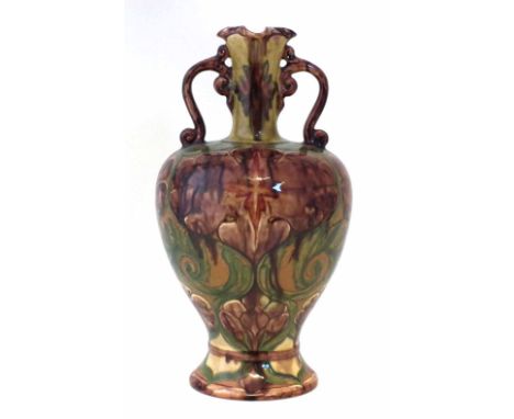 Della Robbia vase   with twin scrolling handles incised decoration by  A.E. Bell, painted by Liz Wilkinson, shape 325 to base