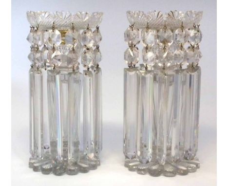 Pair of Regency clear glass candlestick lustres, with diamond and fan cut drip pans, fitted with floral ormolu sconces, mount