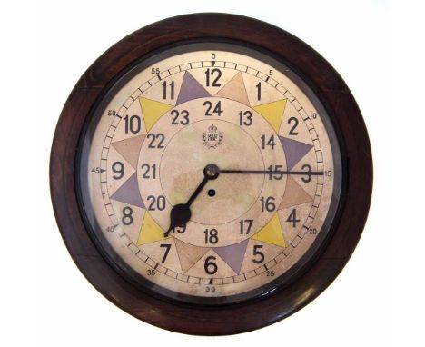 RAF Sector Circular Wall Clock, twenty four hour dial with triangular segments painted grey, yellow and orange, the movement 