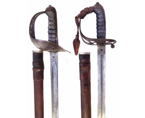 British 1822 Rifle officers sword by R.P. Larke of Aberdare, with leather covered scabbard and knot, also an 1895 sword and s