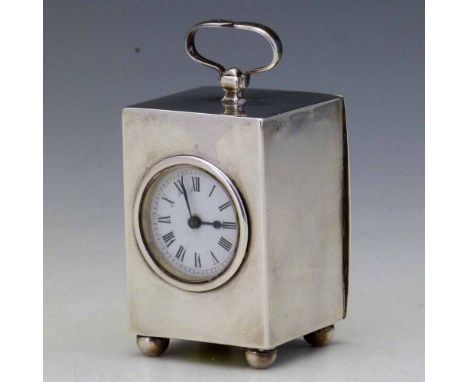 Silver cased miniature carriage clock, Wright &amp; Davies, London 1890, plain case, white enamel dial and balance wheel move