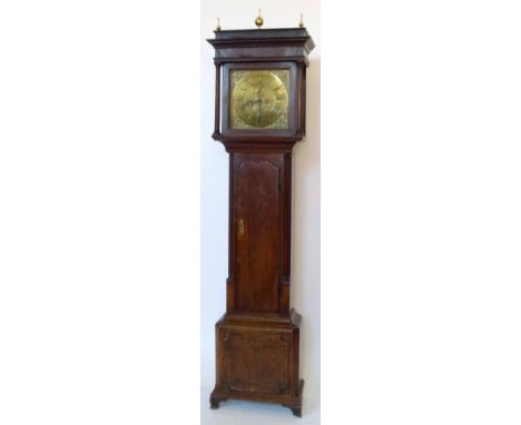 Oak longcased clock banded in mahogany, brass square dial signed John Stanyer, Nantwich, engraved field, subsidiary seconds, 