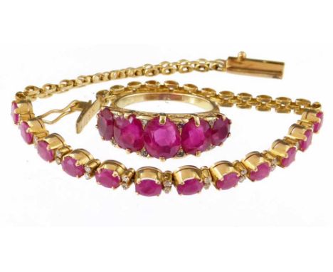 Ruby line bracelet, oval cut interspersed by point diamonds, in indistinctly marked 18ct gold, length 19.5cm; together with a