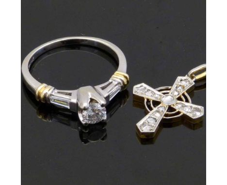 14ct gold diamond ring with baguette shoulders and an antique rose  diamond set celtic cross, gross weight 4.4g (2)