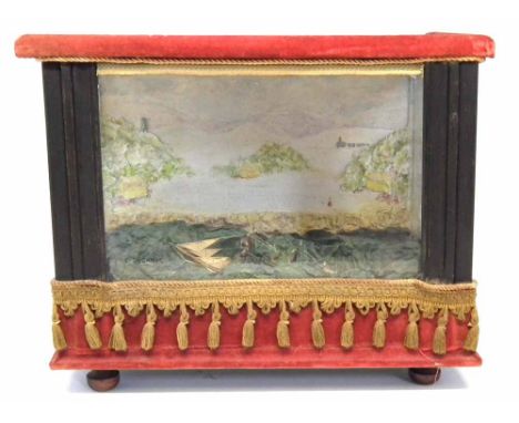 Automaton of a three masted paddle steam ship, with musical movement moving the ship up and down within a rough sea, the glas