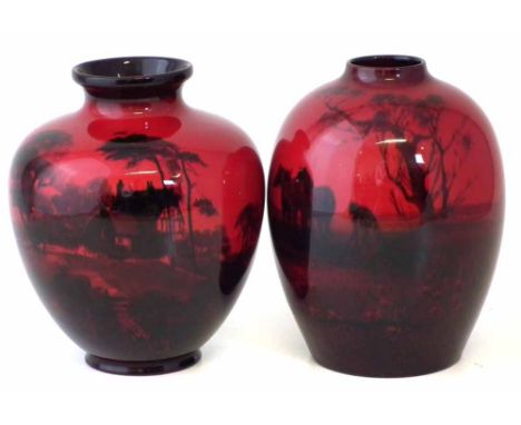 Two Royal Doulton flambe vases, decorated with landscapes, one marked with shape 7189, 19cm high     Condition report: No dam