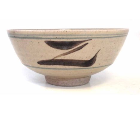St Ives bowl possibly Bernard Leach, painted with brown slashes and blue lines, impressed St Ives monogram, 23cm diameter,   