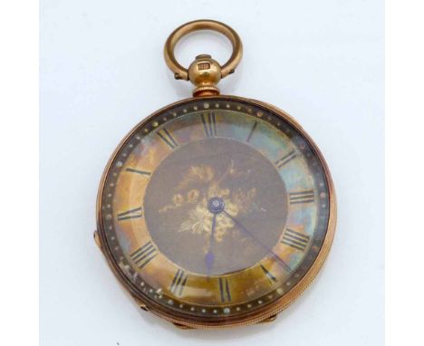 Continental 18k gold cased key wind fob watch, gilt Roman dial, engine turned case, diameter 40mm, metal cuvette, Stauffer.ke