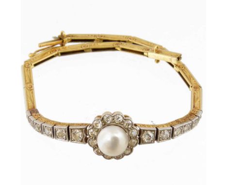 Antique pearl and diamond bracelet, the central pearl, ≈6.7mm, in a cluster millegrain setting of old European cut stones, in