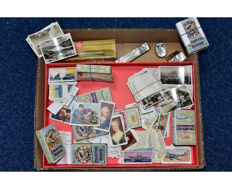 A BOX OF COLLECTABLE ITEMS AND A BOX OF CIGARETTE CARDS, comprising a boxed dolls nursery set (missing one powder pot) a Limo